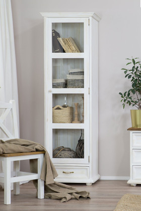 Provence stílusú fenyőfa egyajtós vitrin üvegajtóval, fehér